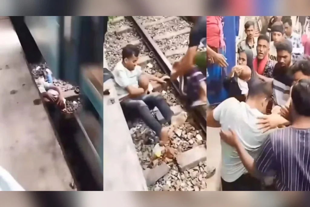Pai salva filho em trilhos durante passagem de trem em Bangladesh